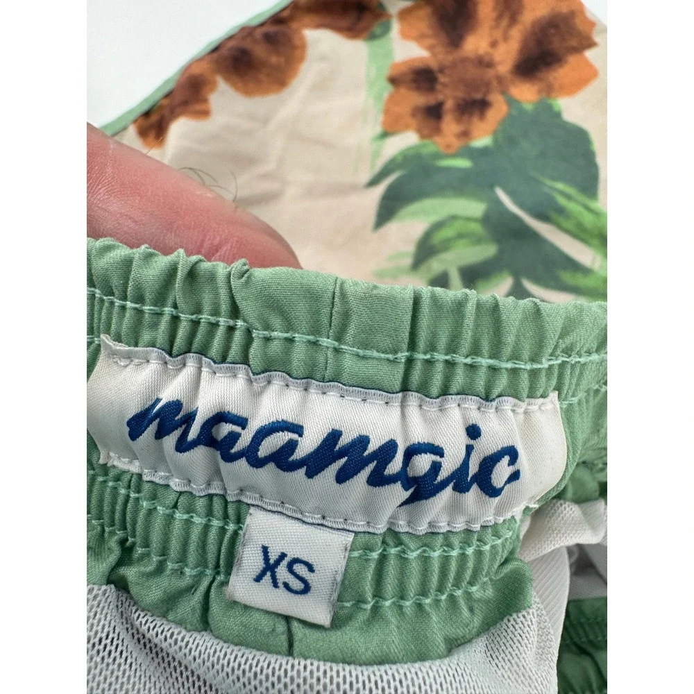 Maamgic Swim Trunks Mens XS Tan Green Tropical Floral Mesh Lined Board‎ Shorts